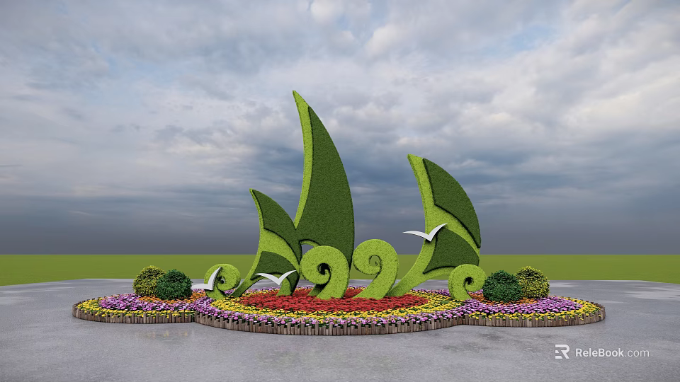 Circular Colorful Flower Bed And Planters With Green Sail Shaped Sculptures In Lawn Garden 3d model 
