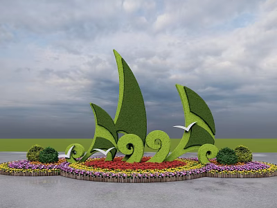 Circular Colorful Flower Bed And Planters With Green Sail Shaped Sculptures In Lawn Garden 3d model