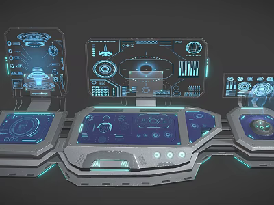 Futuristic Holographic Control Interface With Multiple Display Screens And Blue Light Effects 3d model