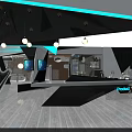Modern Exhibition Booth Design With White Blue Geometric Structure Hanging Lights And Logo