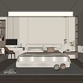 Modern Neutral Tones Bedroom With Upholstered Bed Desk Chair Rug And Decorative Orbs