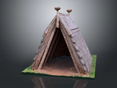 Traditional Thatch Roof Wooden Hut With Conical Structure And Grass Base 3d model
