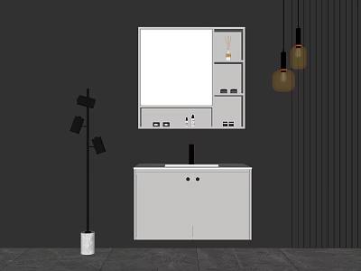 Modern Bathroom Vanity With White Cabinet Mirror Pendant Lights And Floor Lamp 3d model