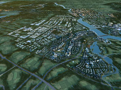 Aerial Planning of Urban Layout With Roads Water Bodies and Green Spaces 3d model