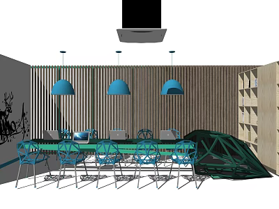 Modern Conference Table With Blue Chairs Three Blue Pendant Lights And Wooden Slat Wall Paneling 3d model