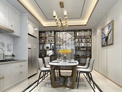 Modern Dining Room Interior With White Cabinets Chandelier Round Table Yellow Flowers And Decorative Painting 3d model