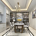 Modern Dining Room Interior With White Cabinets Chandelier Round Table Yellow Flowers And Decorative Painting