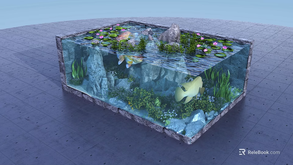 Stunning Aquarium Tank with Colorful Fish Aquatic Plants Water Lilies and Rocks 3d model 