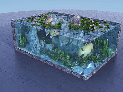 Stunning Aquarium Tank with Colorful Fish Aquatic Plants Water Lilies and Rocks 3d model