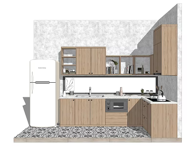 Modern Kitchen Interior With White Fridge Sink Stove Gray Wall And Light Wood Cabinets 3d model