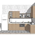 Modern Kitchen Interior With White Fridge Sink Stove Gray Wall And Light Wood Cabinets