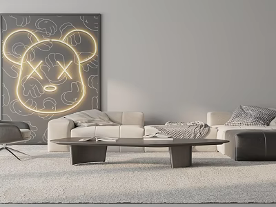 Modern Living Room Beige Sofa And Gray Coffee Table Set With Neon Light Artwork And Rug 3d model