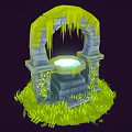 Cartoon Scene Of Moss Covered Stone Arch With Glowing Pool On Pedestal And Green Grass