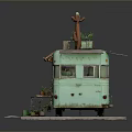 Teal Caravan Scene With Awning Plants Cactus Outdoor Chairs And Flower Pots