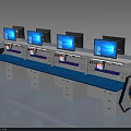 Ergonomic Functional Control Workstation Desk With Multiple Monitors Blue Desktop And Storage Drawers 3d model