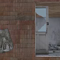 Red Brick Building Components Including Gray Roof Multiple Windows Entrance Steps And Weathered Walls