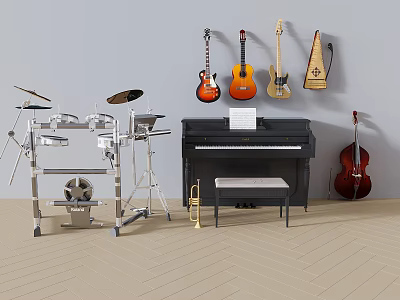 Collection of Musical Instruments Featuring Drum Set Piano Guitars Double Bass Trumpet And Music Sheet 3d model