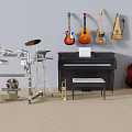 Collection of Musical Instruments Featuring Drum Set Piano Guitars Double Bass Trumpet And Music Sheet
