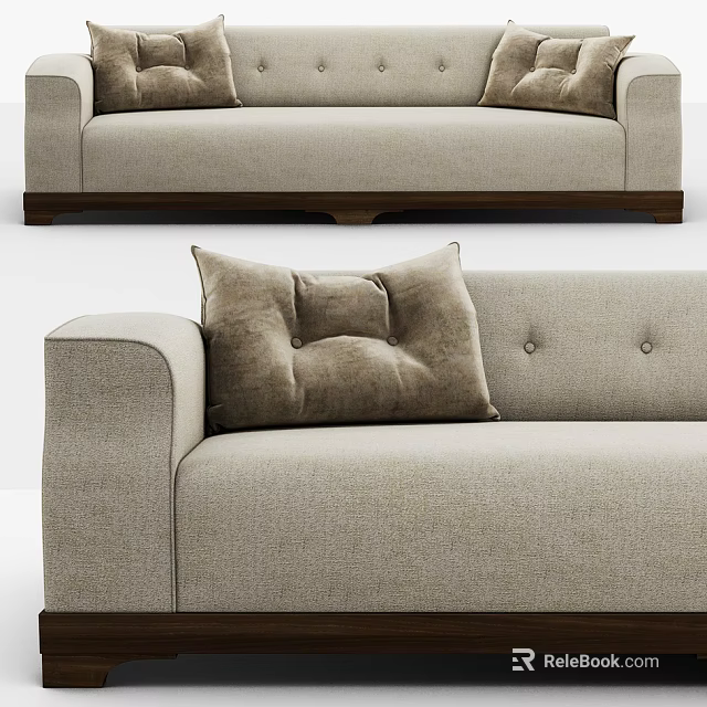 Comfortable Two Seater Sofa With Beige Fabric Upholstery Plush Pillows And Wooden Base 3d model 