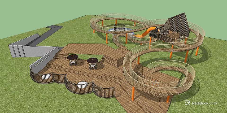 Wooden Playground Equipment With Spiral Track Slide Orange Pillars And Green Lawn 3d model 