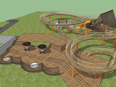 Wooden Playground Equipment With Spiral Track Slide Orange Pillars And Green Lawn 3d model