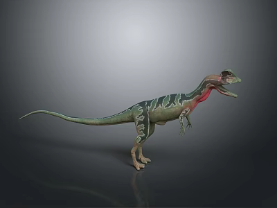 Realistic Dinosaur 3D Model Standing With Green Black Stripes And Red Neck On Gray Background 3d model