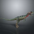 Realistic Dinosaur 3D Model Standing With Green Black Stripes And Red Neck On Gray Background