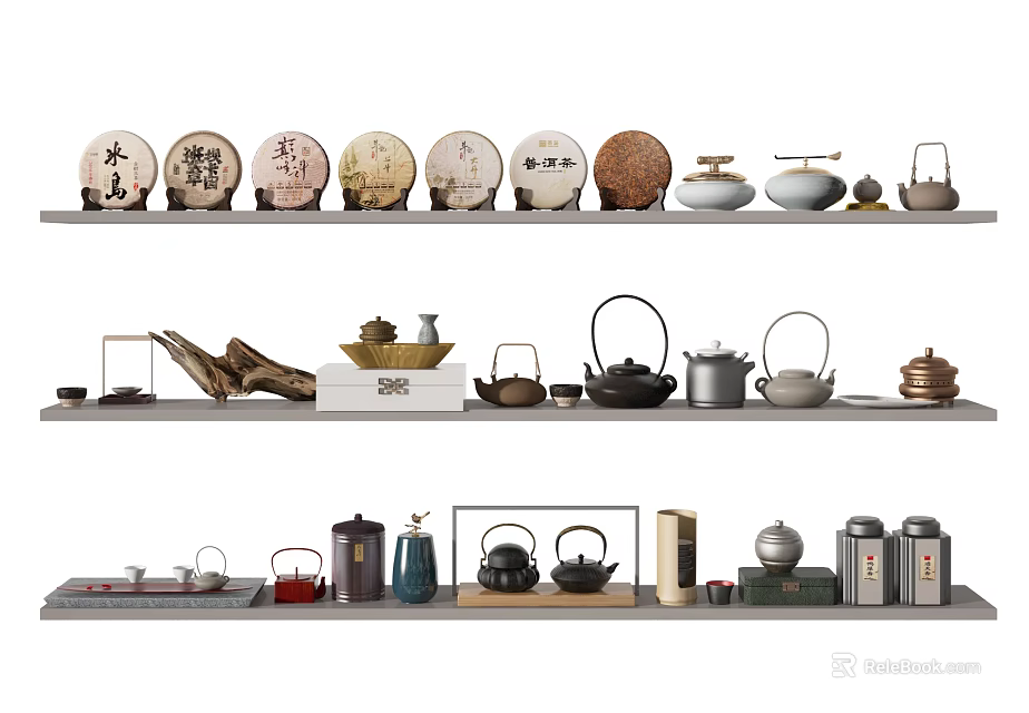 Assorted Tea Sets Displayed on Shelves with Ceramic Teapots Tea Caddies and Teacups 3d model 