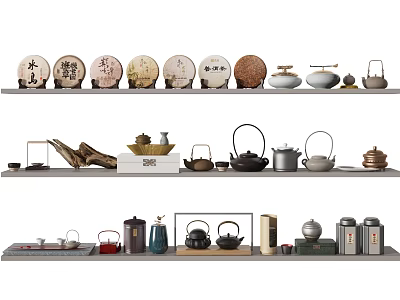 Assorted Tea Sets Displayed on Shelves with Ceramic Teapots Tea Caddies and Teacups 3d model