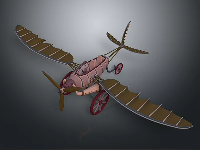 Vintage Biplane Passenger Plane With Brown Body Metal Frame Wings And Red Wheels 3d model