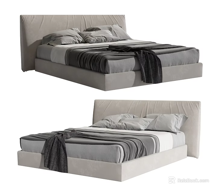 Modern Upholstered Double Bed With Gray White Bedding And Dark Blanket 3d model