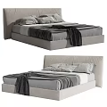 Modern Upholstered Double Bed With Gray White Bedding And Dark Blanket