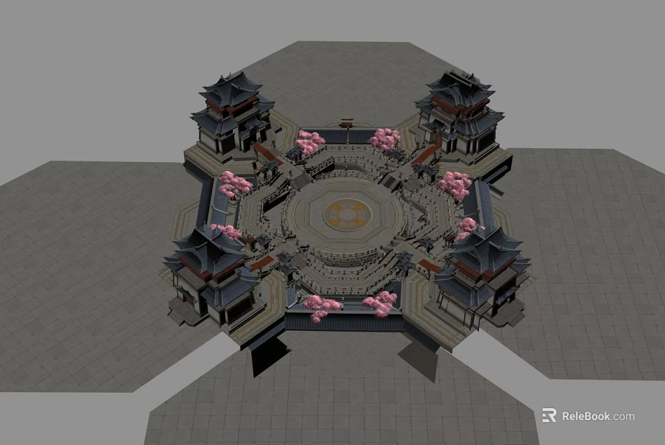Ancient Architectural Octagonal Structure With Surrounding Pavilions Central Circular Area And Pink Flowers 3d model 