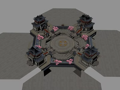 Ancient Architectural Octagonal Structure With Surrounding Pavilions Central Circular Area And Pink Flowers 3d model