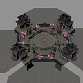 Ancient Architectural Octagonal Structure With Surrounding Pavilions Central Circular Area And Pink Flowers