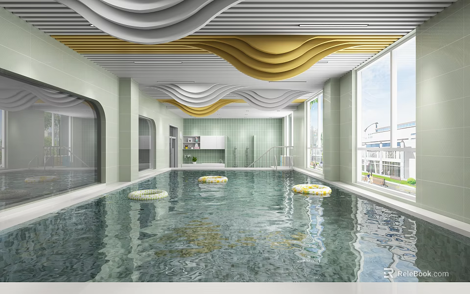 Spacious Swimming Pool Interior With White Yellow Wavy Ceiling Large Windows And Float Rings 3d model 
