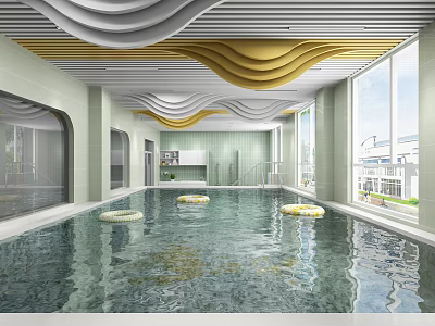 Spacious Swimming Pool Interior With White Yellow Wavy Ceiling Large Windows And Float Rings 3d model