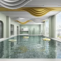 Spacious Swimming Pool Interior With White Yellow Wavy Ceiling Large Windows And Float Rings 3d model