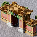 Traditional Chinese Ancient Gateway Architecture with Yellow Roof Red Walls Green Decor and Trees