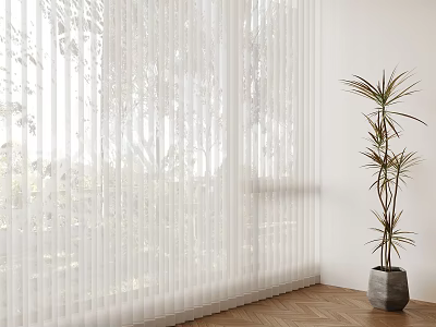 White Vertical Blinds In Bright Interior With Tree Shadows And Potted Plant On Wooden Floor 3d model
