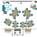 Meeting Tables Setup in Classroom with Blue Chairs Bookshelves and Whiteboard