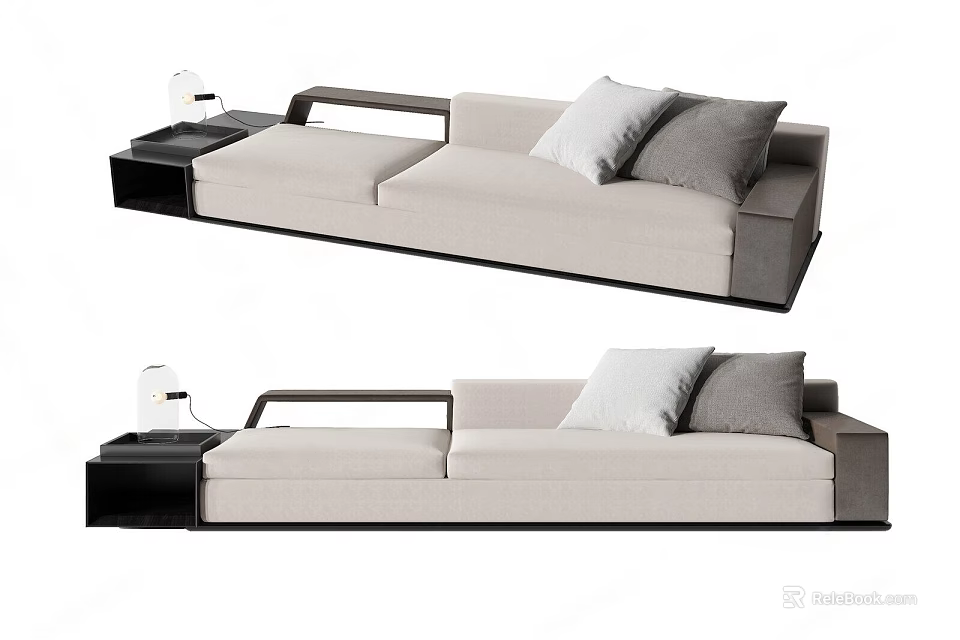 Modern Light Colored Sectional Sofa With Gray And White Pillows And Side Table 3d model