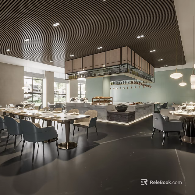 Modern Restaurant Interior Design With Dining Tables Chairs Pendant Lights And Buffet Counter 3d model 