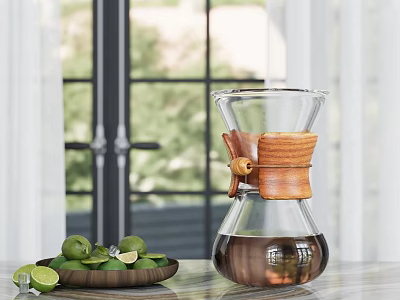 Glass Coffee Pot With Wooden Handle And Lime Plate Near Window With Green Plants Background 3d model