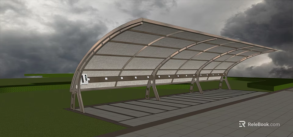 Curved Metal Frame Canopy With Transparent Roof For Outdoor Parking Area 3d model 
