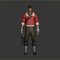 Game Character 3D Model With Red Coat White Undershirt Brown Pants Gray Gloves Holding Tool