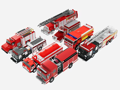 Various Detailed Fire Truck Models Including Ladder Tanker And Rescue Vehicles 3d model