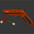 Red Handgun With Black Components And Red Green Bullet Shells On Shiny Surface 3d model