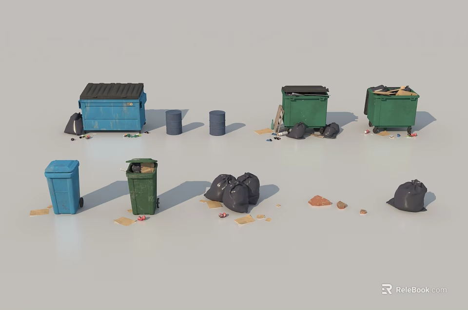 Blue And Green Trash Bins With Black Garbage Bags And Scattered Waste 3d model 
