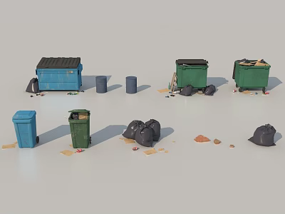 Blue And Green Trash Bins With Black Garbage Bags And Scattered Waste 3d model
